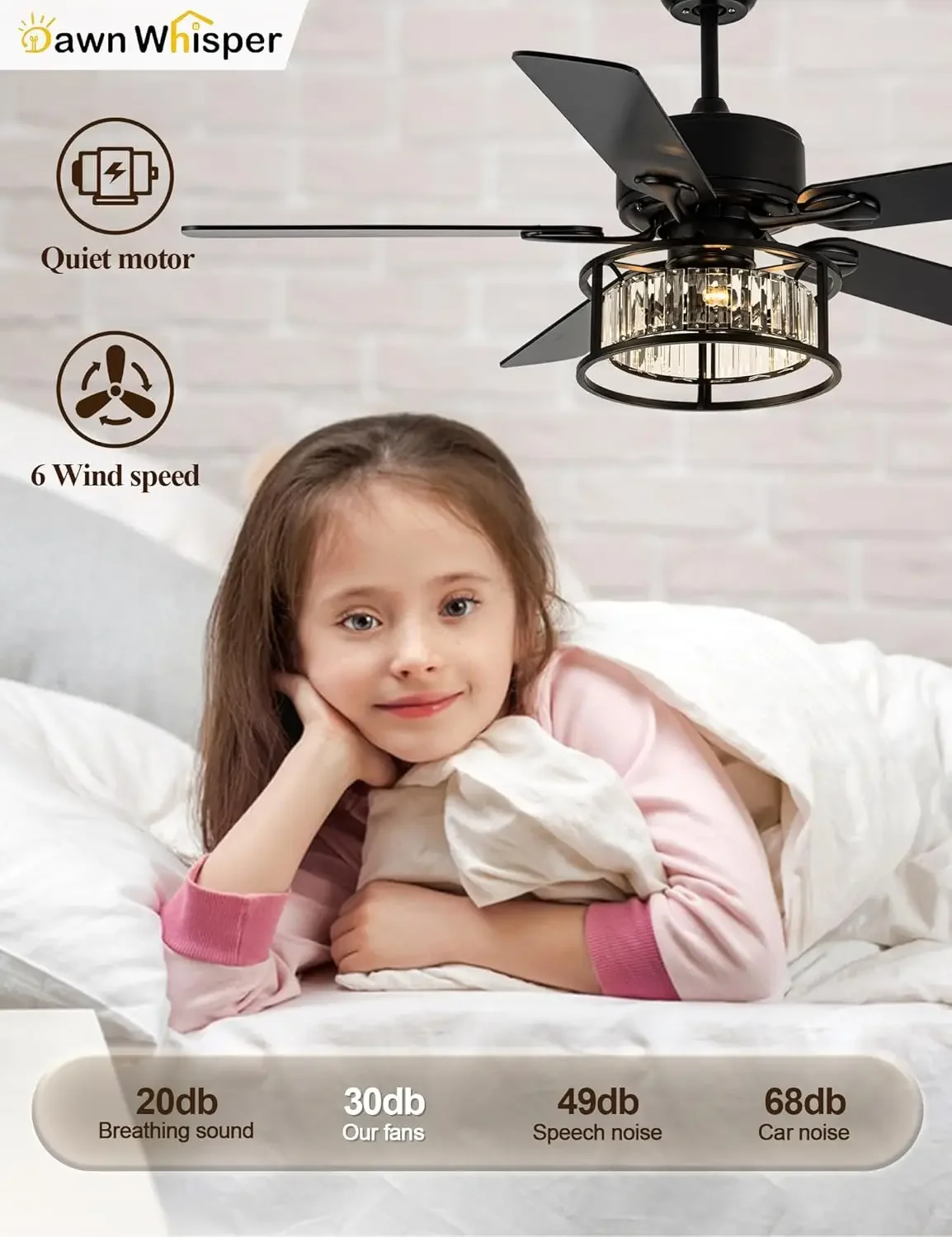 52인치 샹들리에 천장 선풍기 (조명 및 리모컨 포함), 저소음 양방향 DC 모터, 블랙 케이지 모던 침실용 천장 선풍기