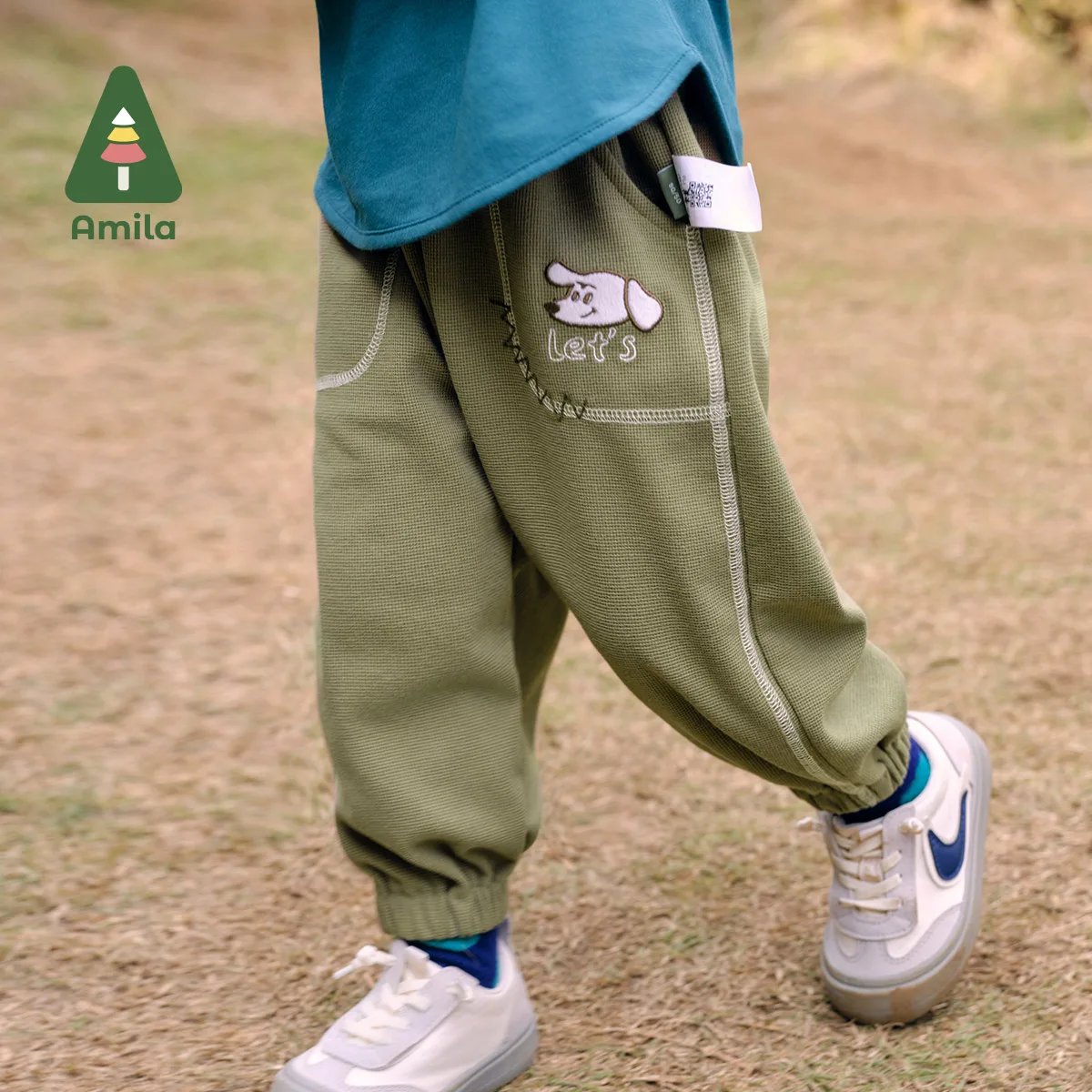 Amila Baby Trousers 2024 Autumn New Boys And Girls High-Quality Waffle Tapered Contrast Color Embroidery Children‘S Casual Pants