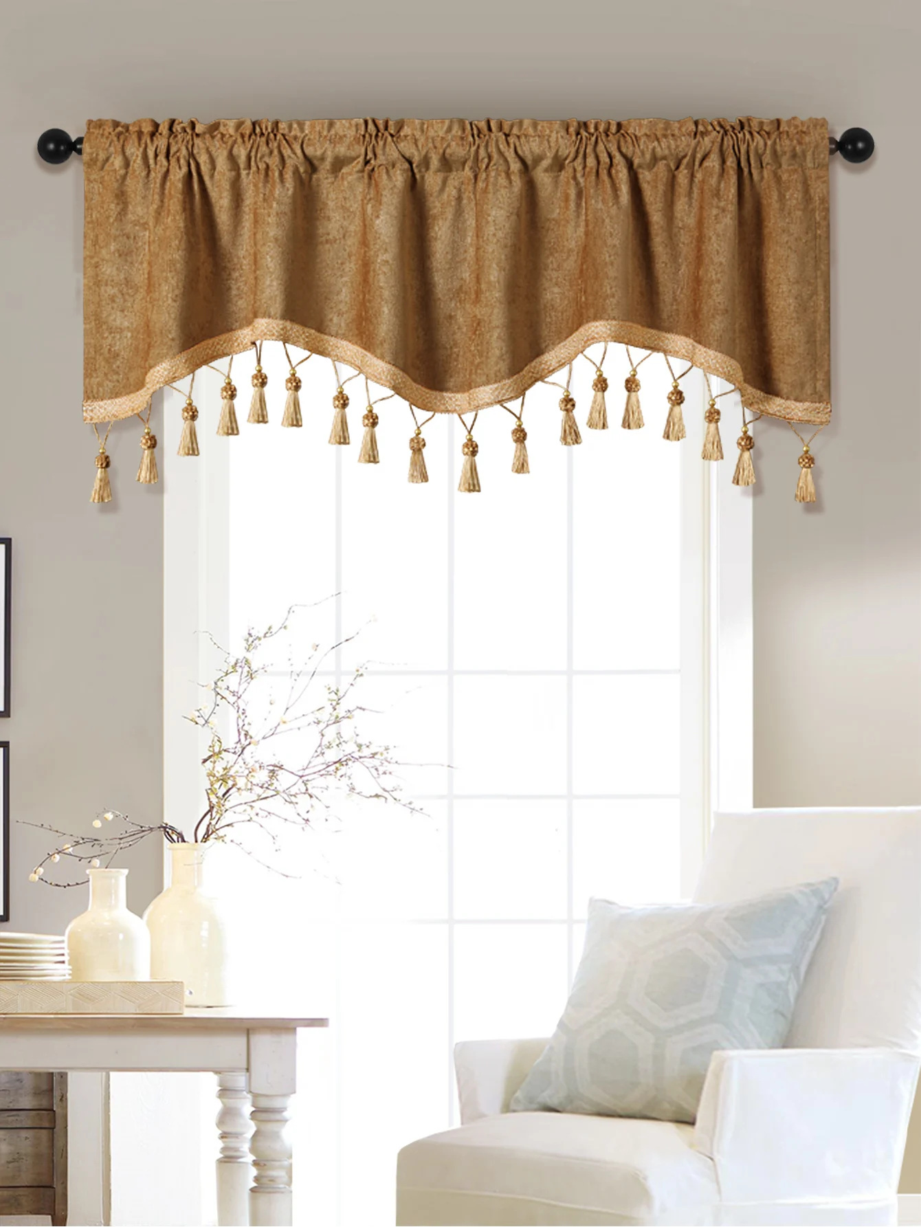 1PC Simple European Style Window Curtain Valance for Living Room，Rod Pocket，S-shaped  Valance with Tassels for Window Decor