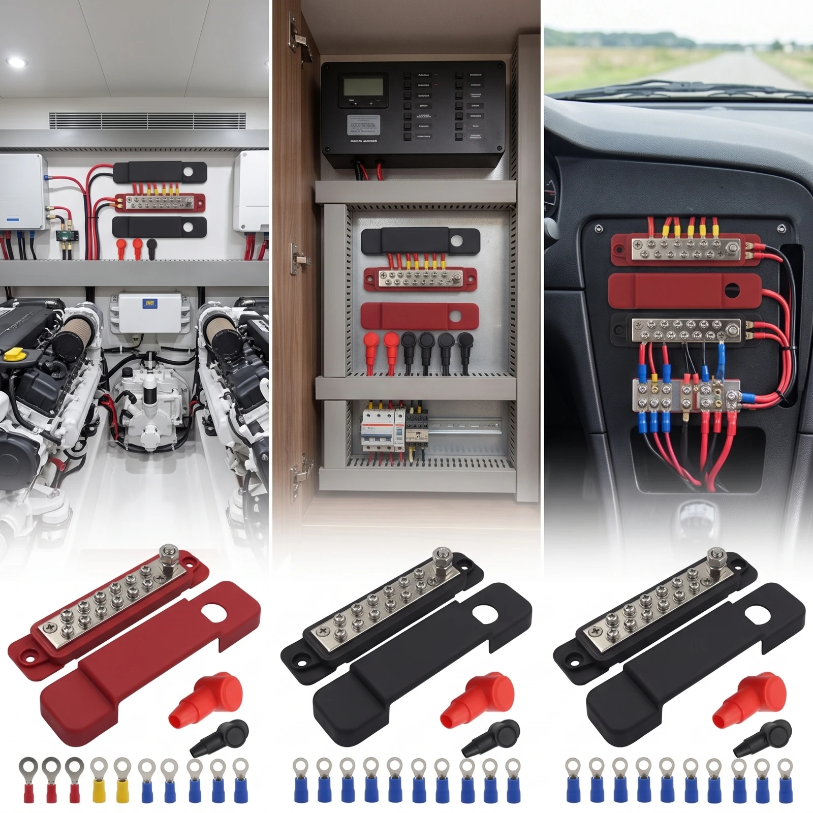 12-Way Busbar with Cover 48V DC Bus Bar with Cover Positive Bus Bar Heavy Duty Power Distribution Block Sturdy for Boat Owners