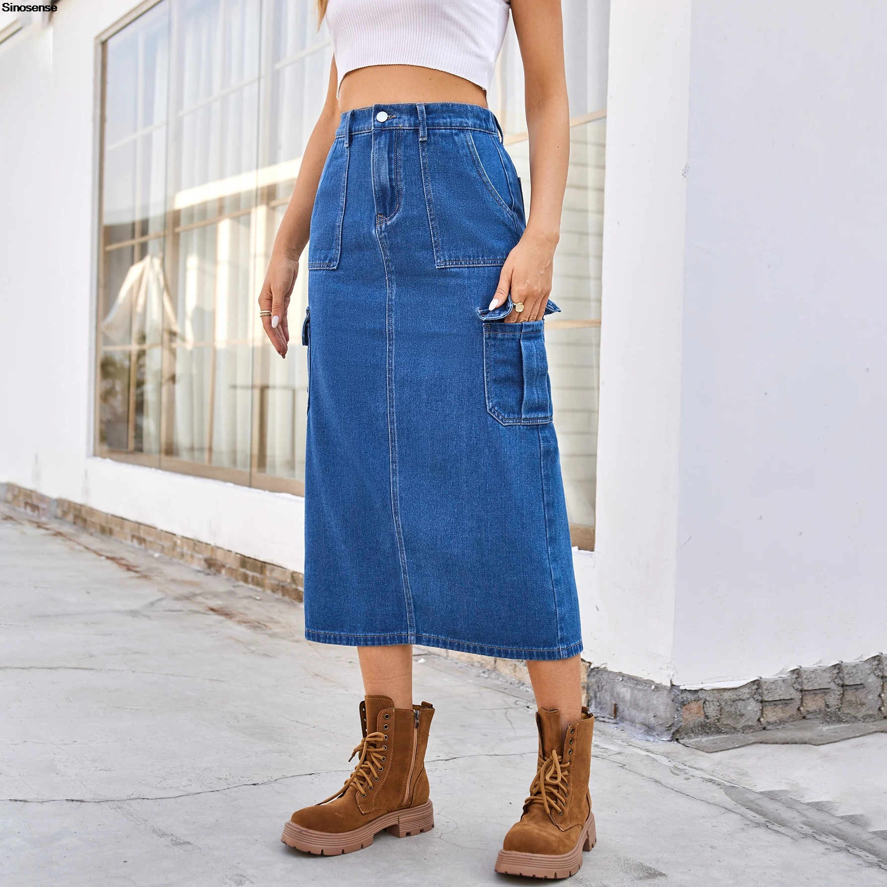 Frauen Denim Cargo Röcke elastische Taille Split Back Midi Bleistift Rock y2k ausgehen Straße langen Jeans rock mit Cargo taschen