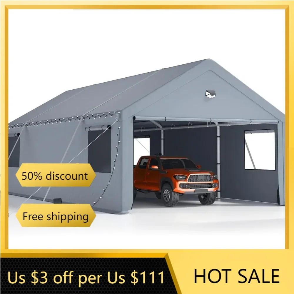 Heavy duty carport, portable garage with 180g removable side walls and doors, canopy canopy with reinforced steel poles