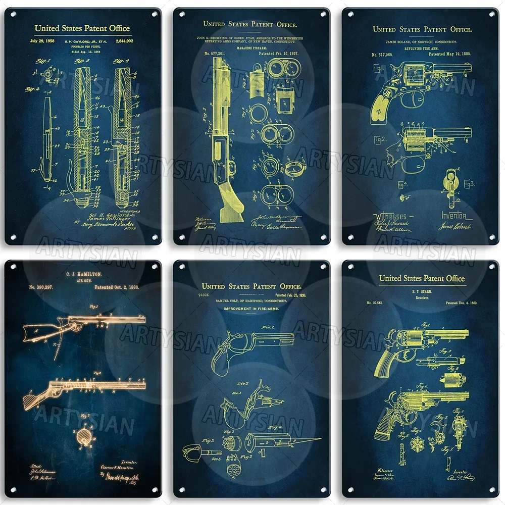 Gun Design Metal Sign Weapon Patent Plaque Browning Pistol Eugene Stoner AR-15 Phillips Bullet Wesson Revolver Schuetz AR-15