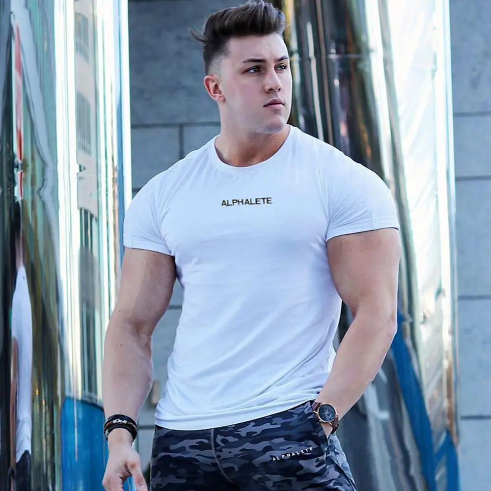 Cotton Running Sport T-shirt Men Gym Fitness Skinny Shirt Short Sleeve Print Tee Tops Male Summer Bodybuilding Training Clothing