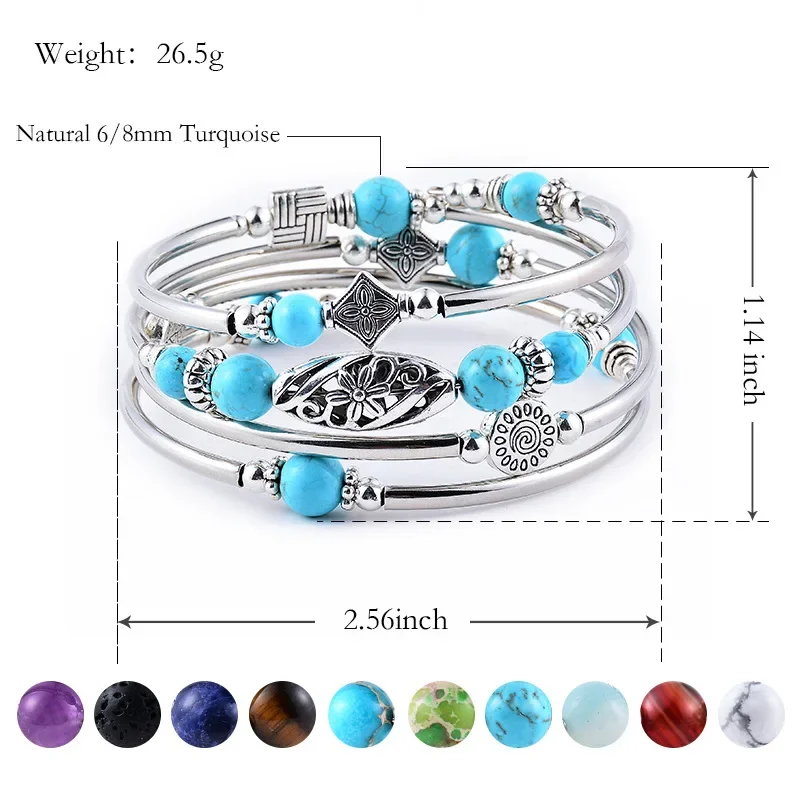 Layered Wrap Bangle Turquoise Bracelet - Bead Bracelet with Natural Agate Stone, Gifts for Women Men Mom Girls view 5