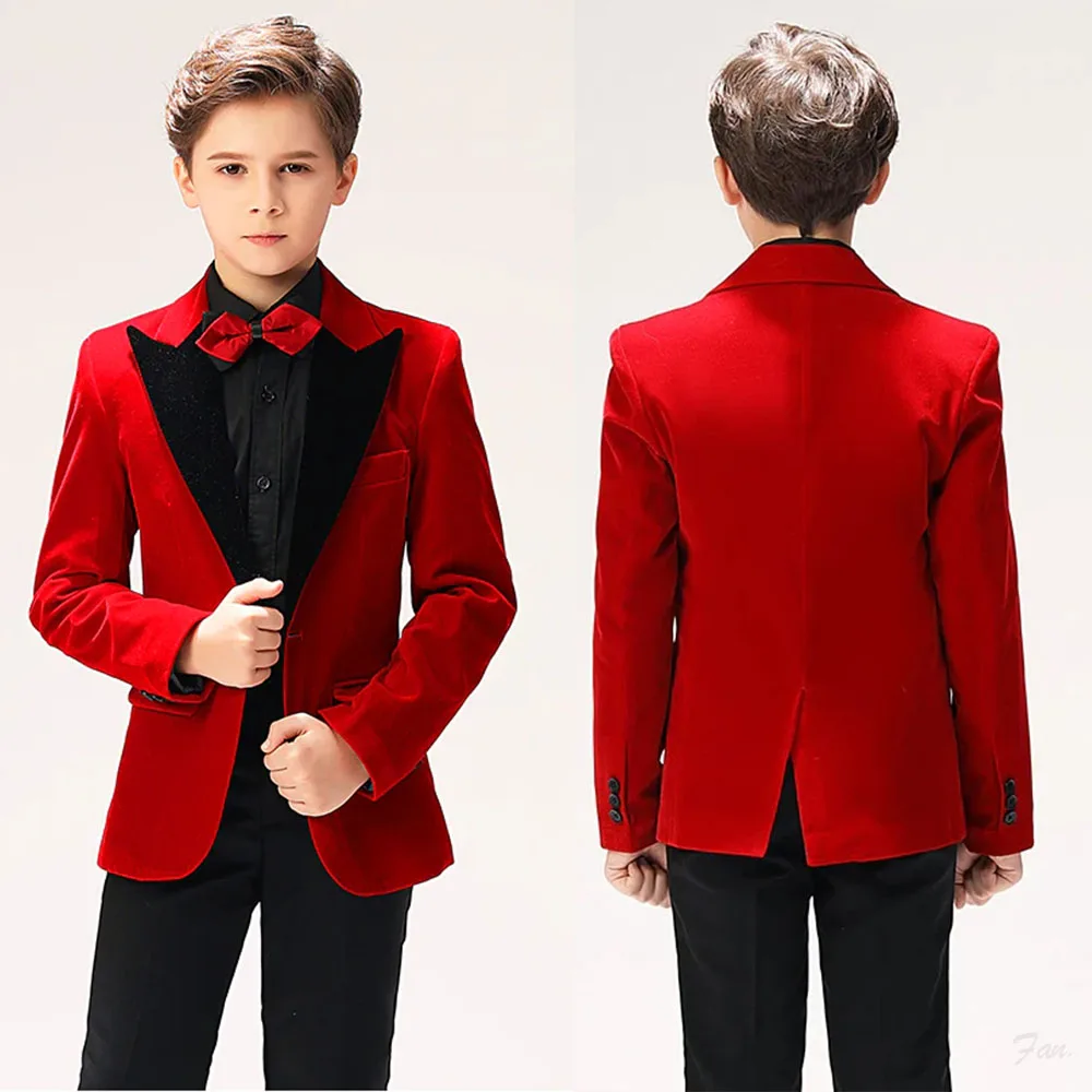 Boys Red Velvet Blazer with Black Lapel and Matching Red Bow Tie Formal Party Suit Jacket Custom Made M264498