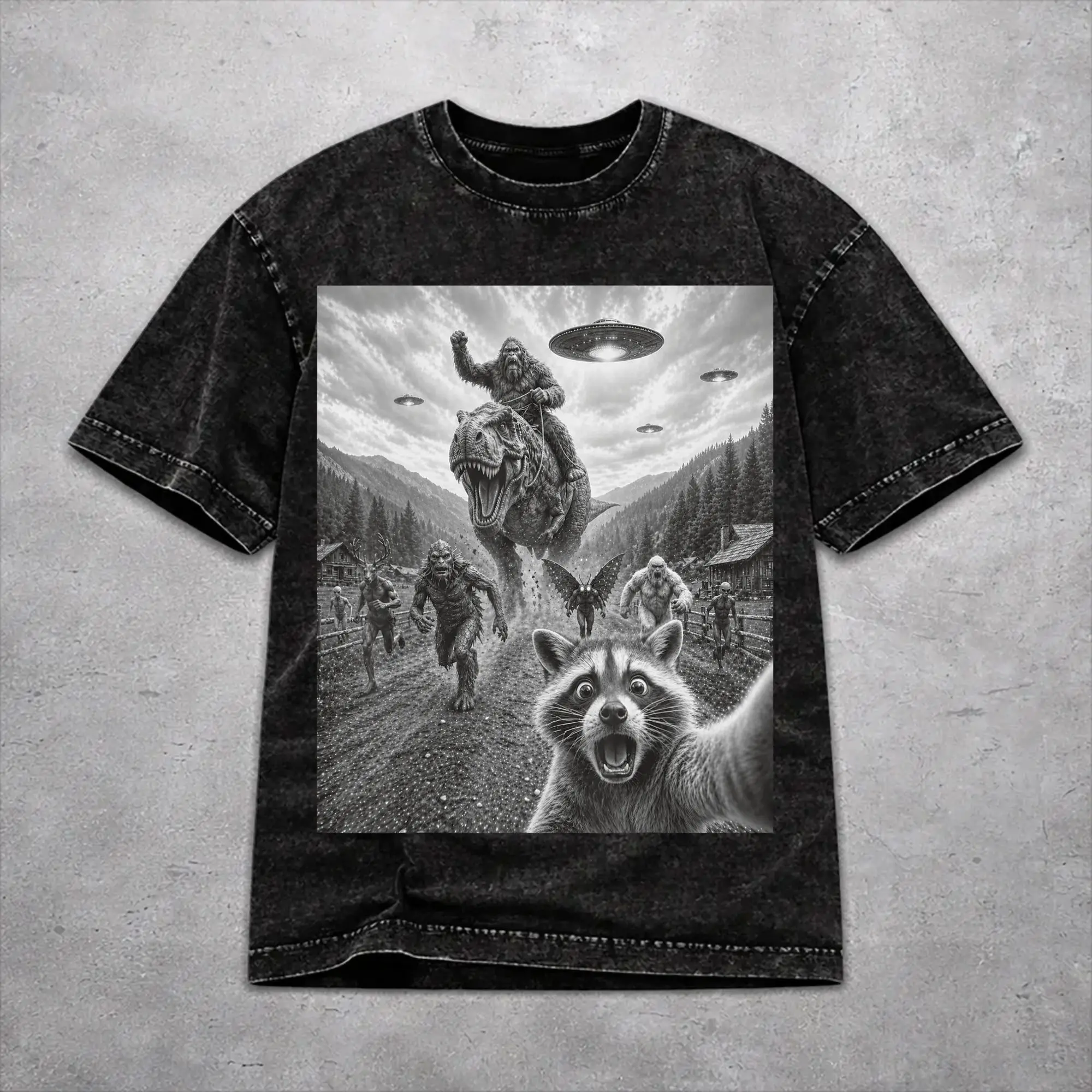 Fashion Men Women Funny Bigfoot Ride Dinosaur Raccoon Tee Shirt Oversize Washed  T Shirts Clothing
