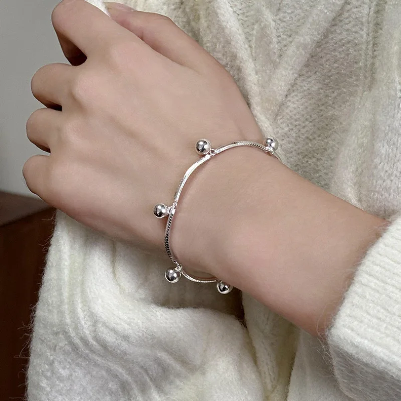 

925 Sterling Silver Bracelets for Women Accessories Trend Vintage Simple Ball Tassel Retro Heart Pendant Party Jewelry