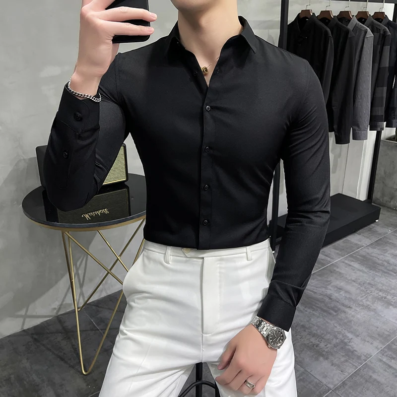 Plus Size 7XL-M High Quality Men Dress Shirt 2024 Spring Long Sleeve Solid Business Slim Shirts Homme Dress Social Casual Shirt