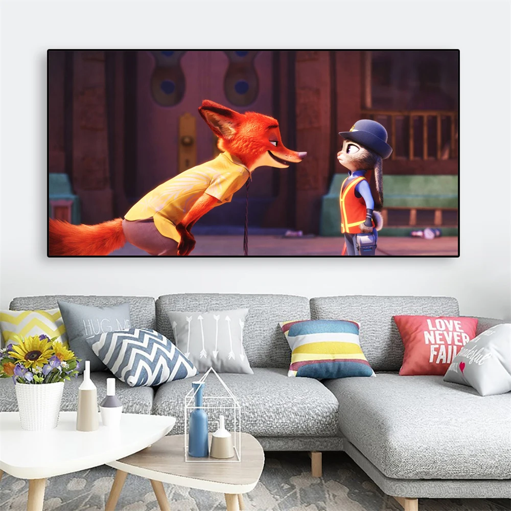 Disney Cartoon Movie Poster Zootopia Pictures Nick and Judy Prints Funny Art Motivational Canvas Painting Kids Bedroom Decor