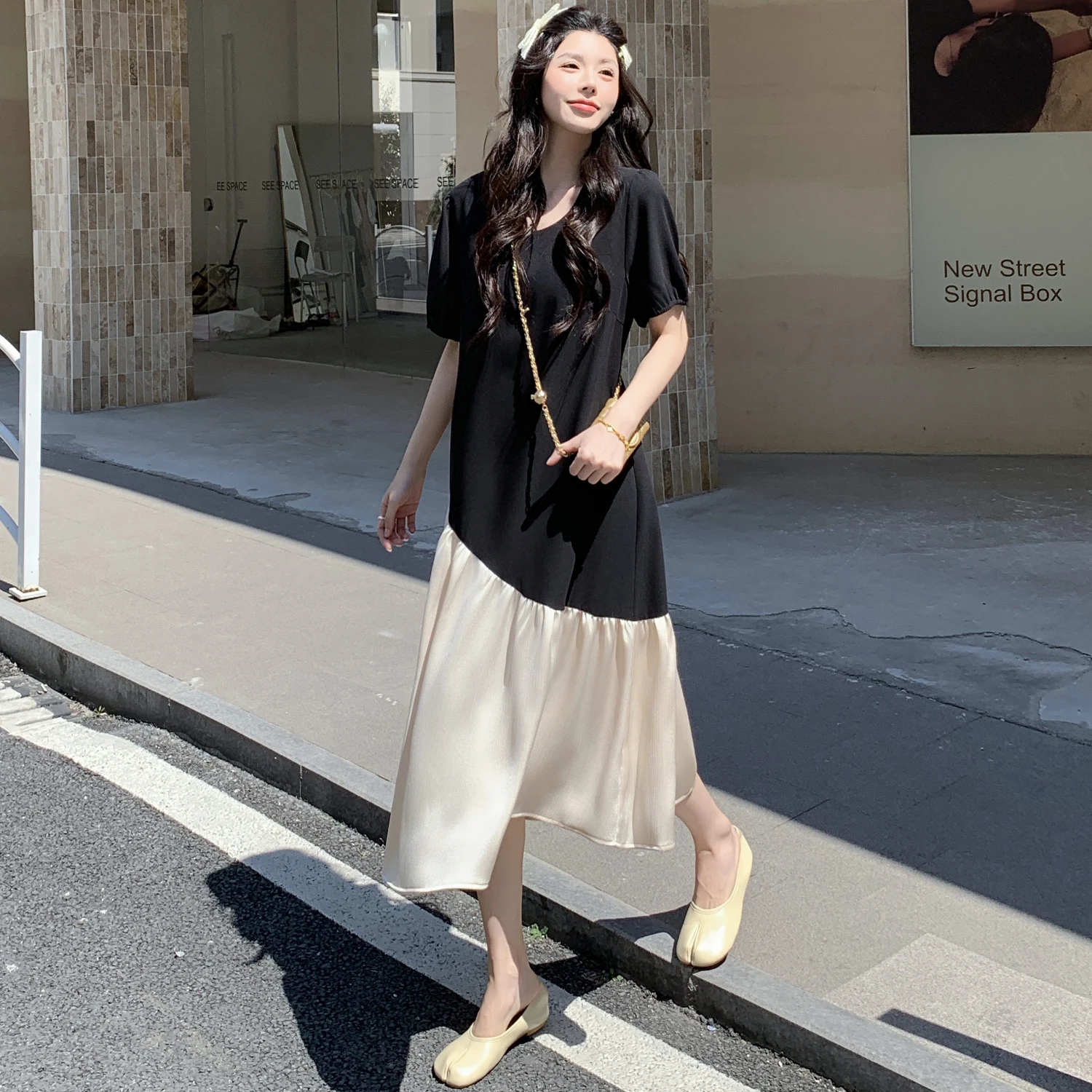 Slimming A-Line Summer Dress with Textured Contrast Color Blocking Loose Fit Draping Polyester Cotton Blend round Neck Short ...