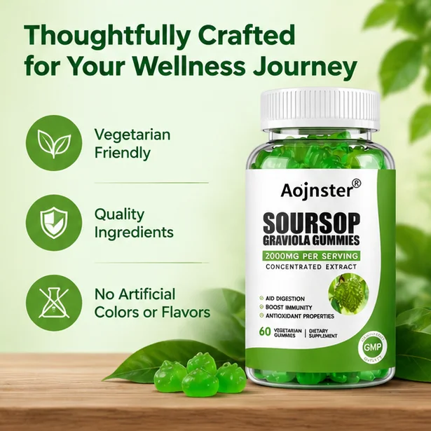 Plant-derived Soursop Graviola Gummies, Concentrated Extract, Vegetarian Friendly, Chewable Daily Supplement, 60 Count