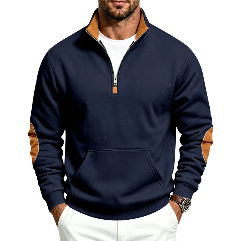 Men Quarter‑Zip Mock Neck Sweatshirt, Contrast Elbow Patch Kangaroo Pocket Casual Long Sleeve Pullover