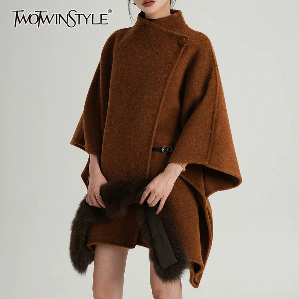 TWOTWINSTYLE Fluffy Spliced Waist Belt Loose Jacket for Women High Neck Cape Sleeve Patchwork Button Temperament Jackets Female