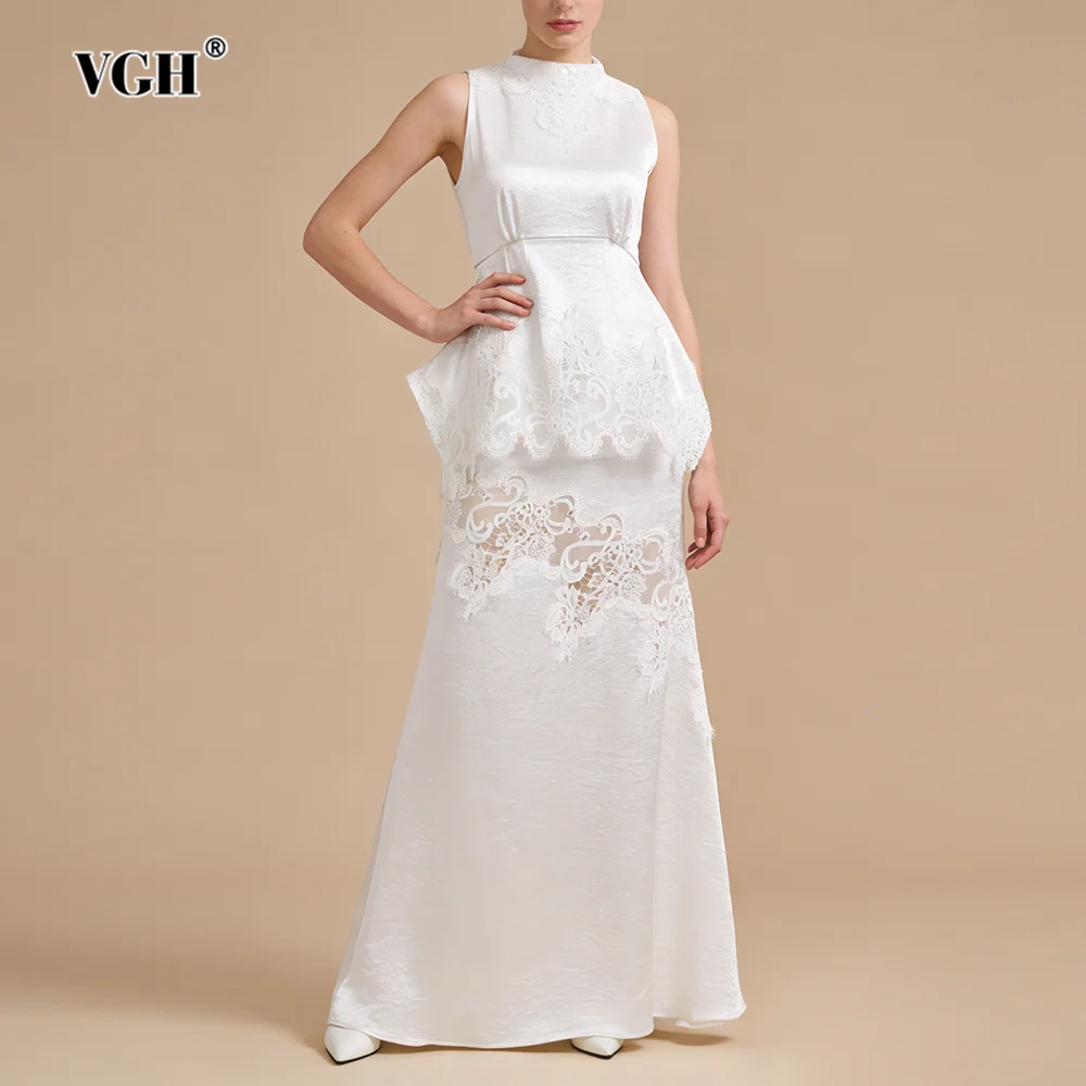 

VGH Chic Spliced Lace Design Two Piece Set for Women Stand Collar Off Shoulder Vest High Waist Bodycon Skirt Evening Suit Female