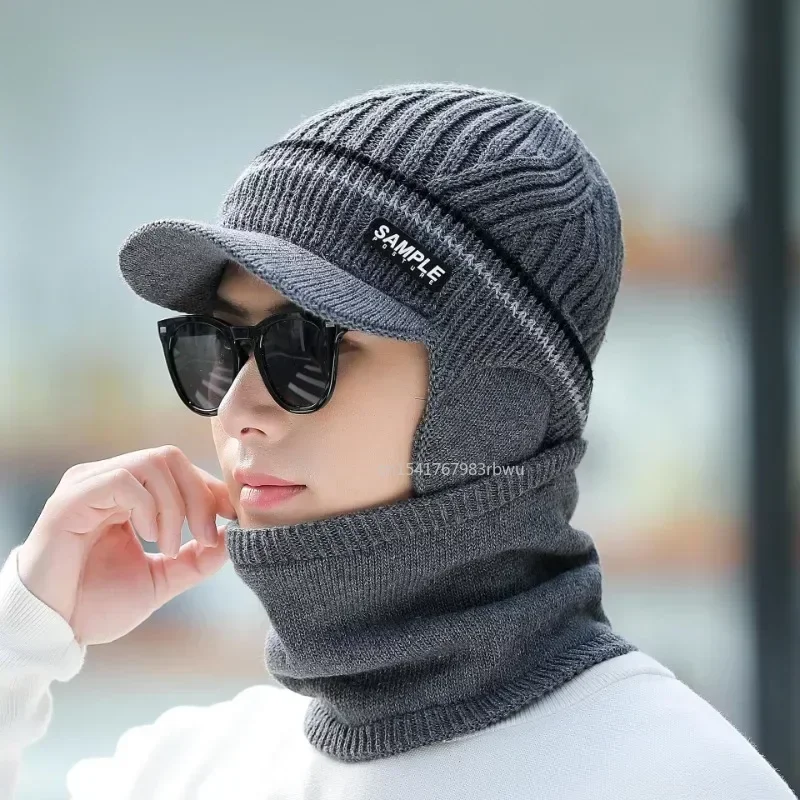 Winter Knitted Visor Hat for Men Pullover Hat Scarf Ski Mask Fleece Lined Women Thick Warm Beanie Hat Balaclava Knitted Hats Cap