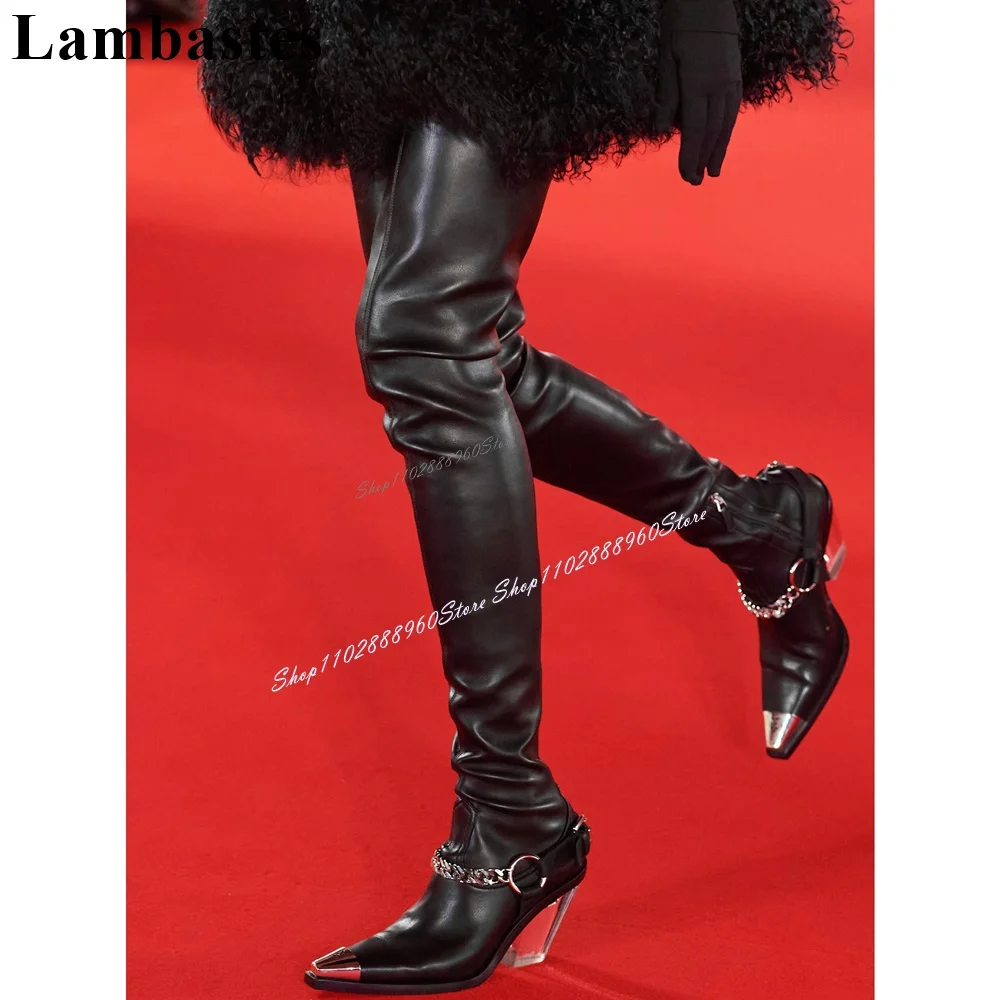 

Over The Knee Black Metal Chain Decor Slim Boots Strange Clear Heel Women Shoes Side Zipper Pointed Toe 2024 Zapatos Para Mujere