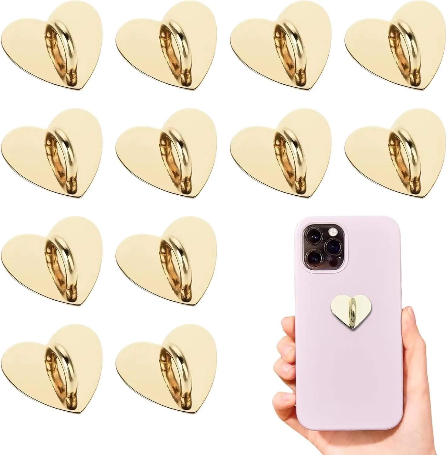 

12 Pcs Phone Charm Hook Heart-Shaped Universal Adhesive Metal Hook Phone Keychain Hook Surface Plating Heart Cell Phone Ring