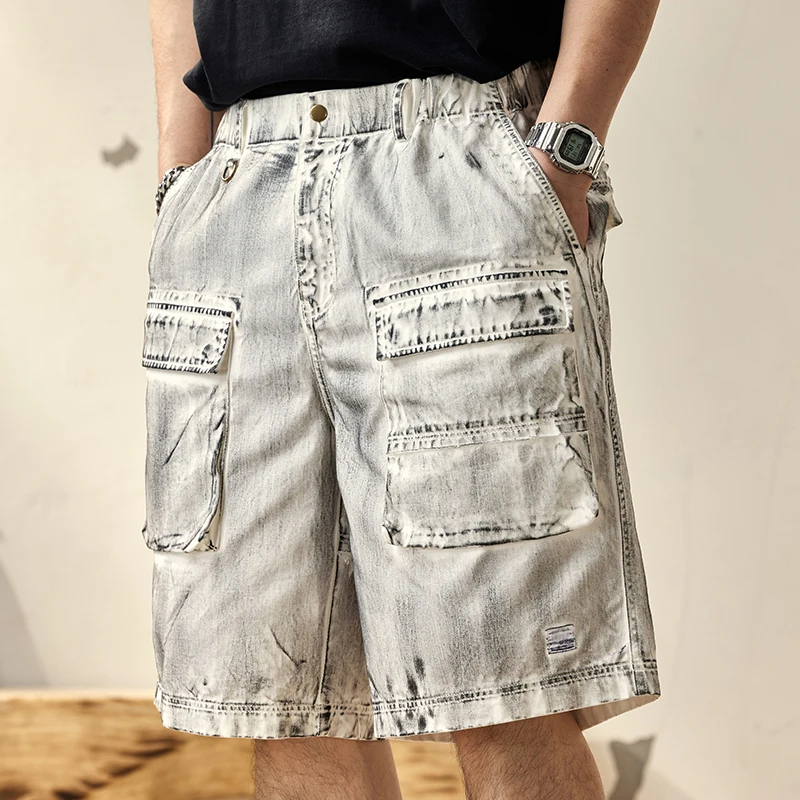 

2024New Retro Dirty Distressed Workwear Shorts Men's Summer Loose Straight Waste Soil Style Casual Fifth Pants