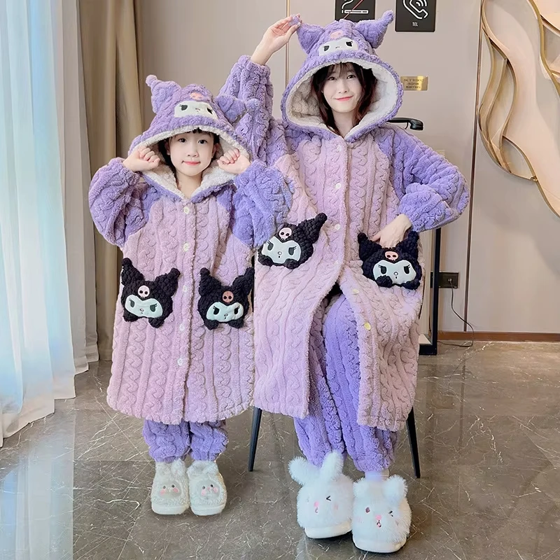 2Pcs Winter Kuromi Cinnamoroll Kawaii Parent-Child Plush Pajamas Robe Pants Anime Sanrio Girls Long-Style Warm Hooded Home Wear