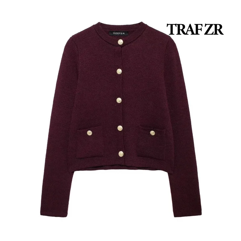 TRAF ZR Knit Cardigan with Buttons for Women Coat Harajuku Vintage O-neck Cardigan Women\'s Autumn Sweater Burgundy Sweater