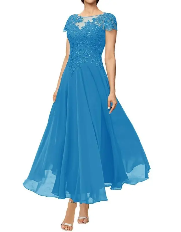 

Customized Exquisite Lace Sequin Mother of The Bride Dress Short Sleeve Wedding Guest Dresses Long Chiffon A Line Formal Evening