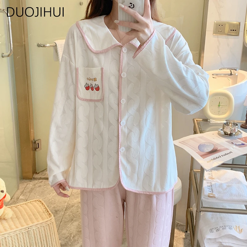 DUOJIHUI Autumn Two Piece Sweet Loose Female Pajamas Set Chic Button Cardigan Simple Pant Fashion Casual Home Pajamas for Women