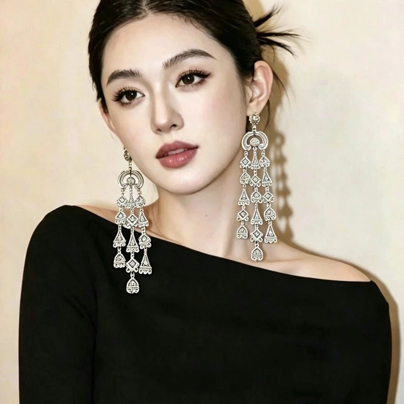 Retro Hollow Engraved Geometric Fringed Earrings for Women 2026 Long Drop Fashion Show Statement Jewelry Accessory