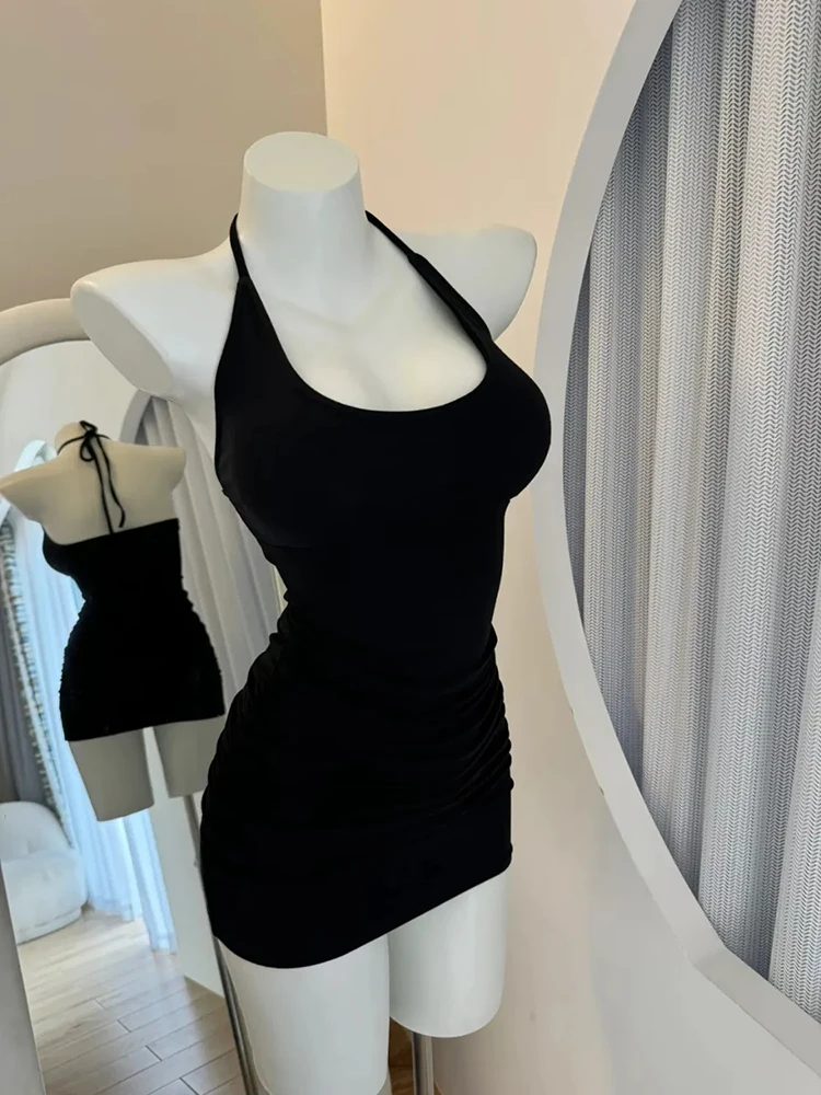 

Halter Neck Women Camis Mini Dress Y2K Summer Sexy Backless Skinny Black Dress Streetwear Folds with Chest Pad Hip Vestidos