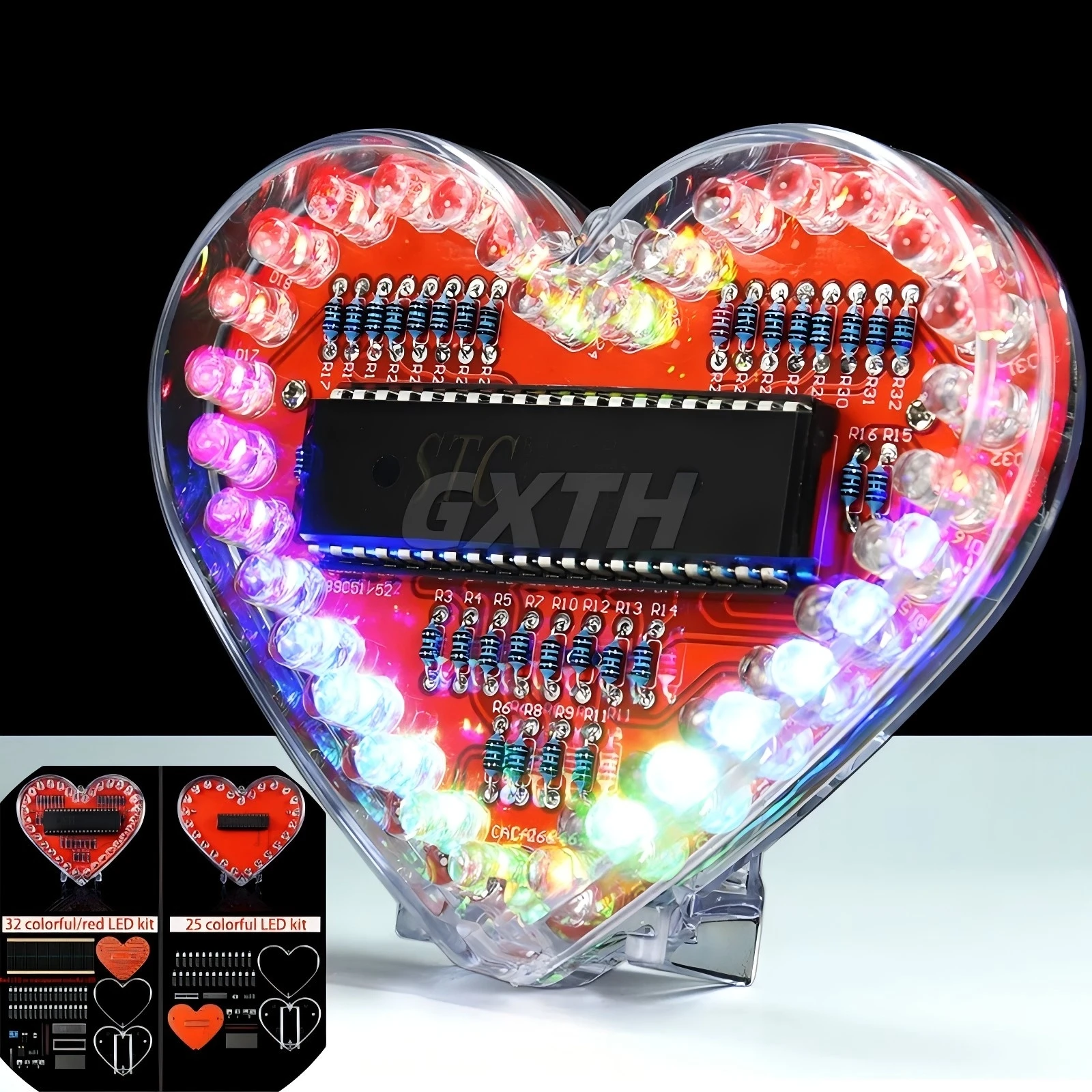 Multicolor LED Heart Shape Flow Light DIY Electronic Kit 51 Microcontroller RGB Colorful Love Heart Water Lamp Welding Training