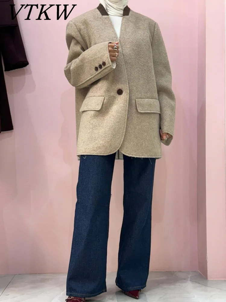 

VTKW Solid-color One-button V-neck Design Women's Blazer For Spring 2025. High-quality Loose-fitting Suit Jacket.