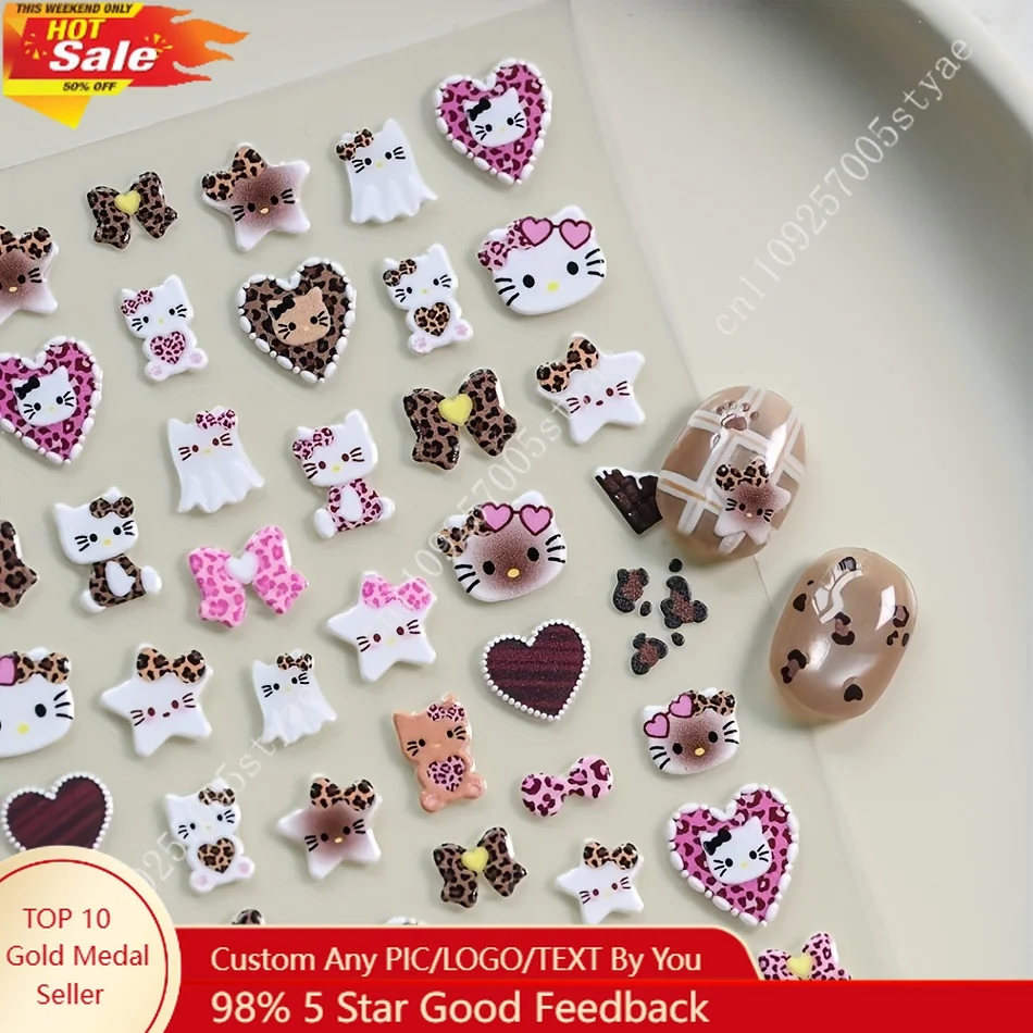 

1pc Print Hellokitty Leopard Cow Cute Self-Adhesive Plastic Nail Art Stickers Sanrio Cartoon Nail Decals Manicure Decorations