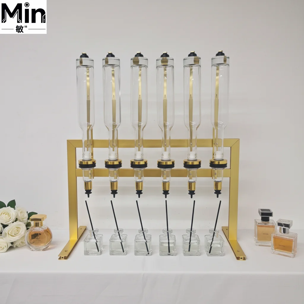 6 Heads Golden Perfume Dispenser Bar Set Commercial Perfume Display Showcase Filling Machine for Retail Store Laboratory Use