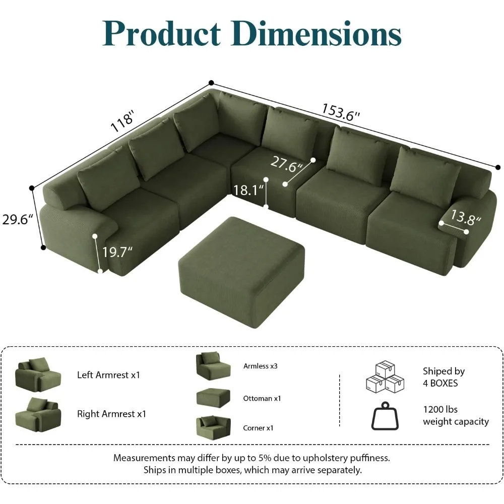 أرائك كبيرة الحجم بدون عظم لغرفة المعيشة، أريكة خضراء على شكل حرف V مكونة من 7 مقاعد، أريكة مقطعية من القطيفة على شكل سروال قصير