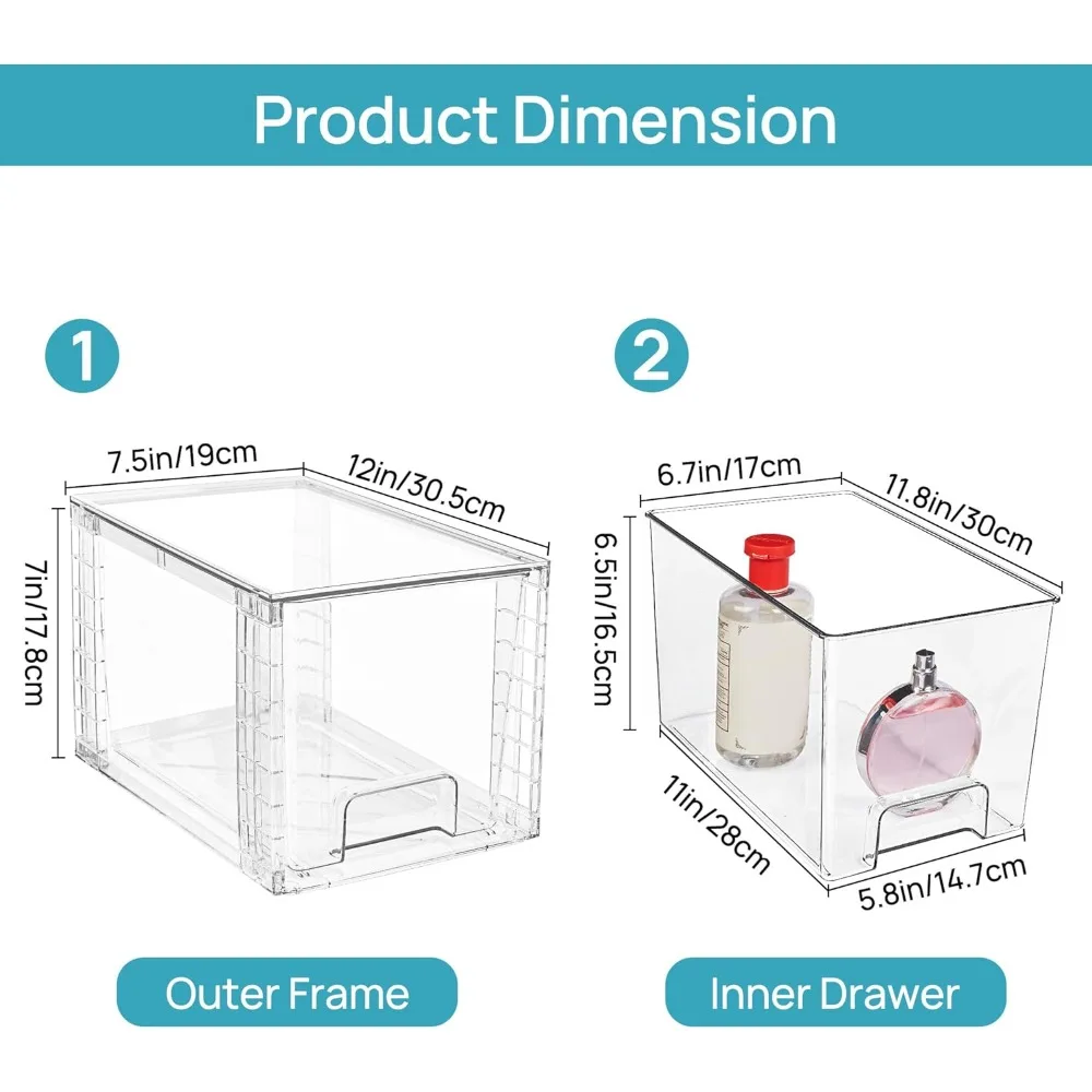 Cajones de almacenamiento de plástico apilables grandes de 4 piezas para organización de baño y debajo del lavabo