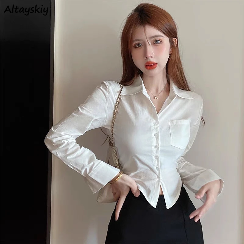 

Shirts Women Simple Elegant Streetwear Ulzzang Solid Mature Popular Holiday Spring Classic Attractive Prevalent Turn-down Collar