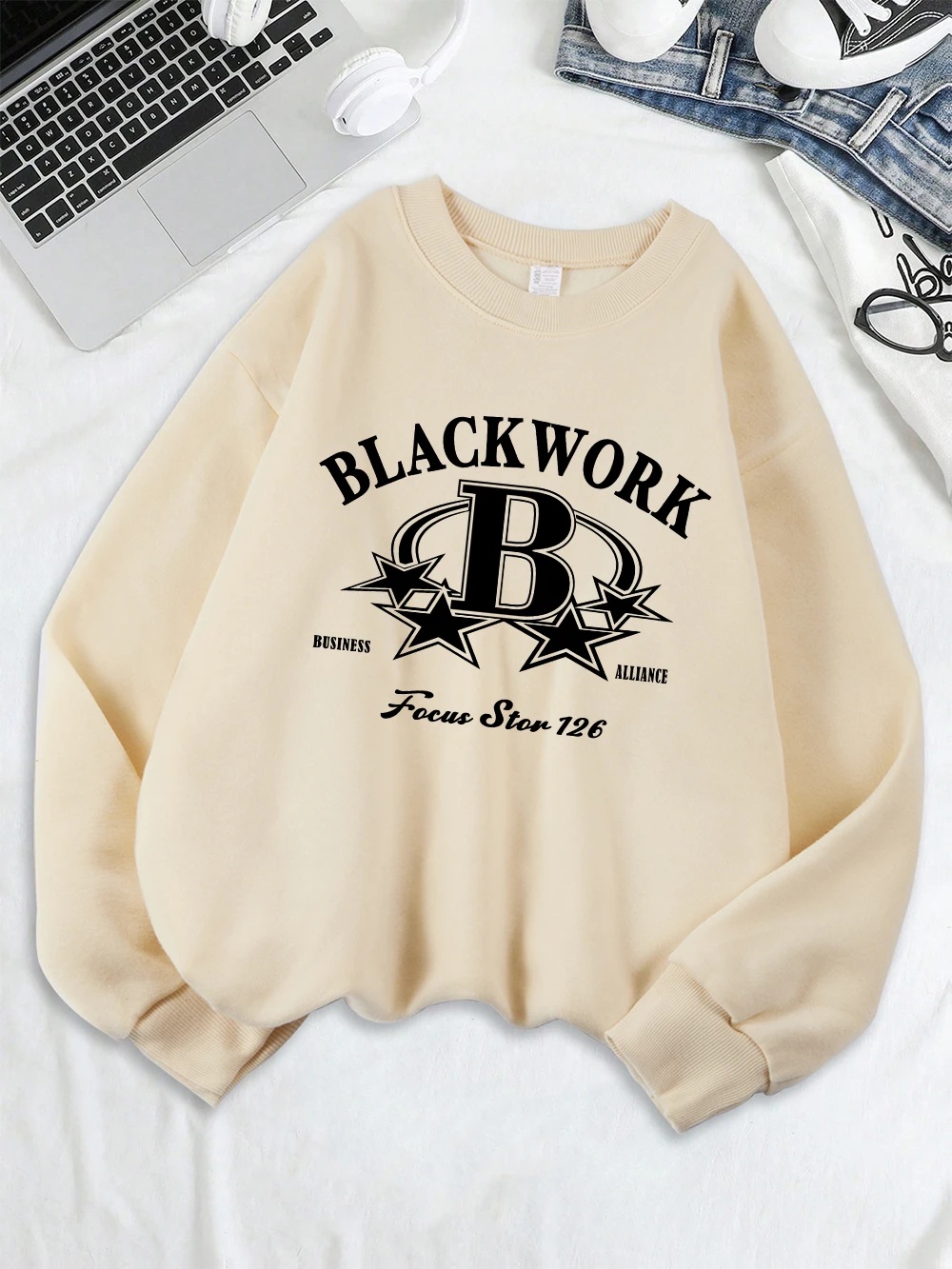 أسود العمل التركيز ستار 126 يطبع البلوز المرأة فضفاضة كل مباراة هوديي الصوف الدافئة Crewneck القمم الشتاء ملابس مريحة