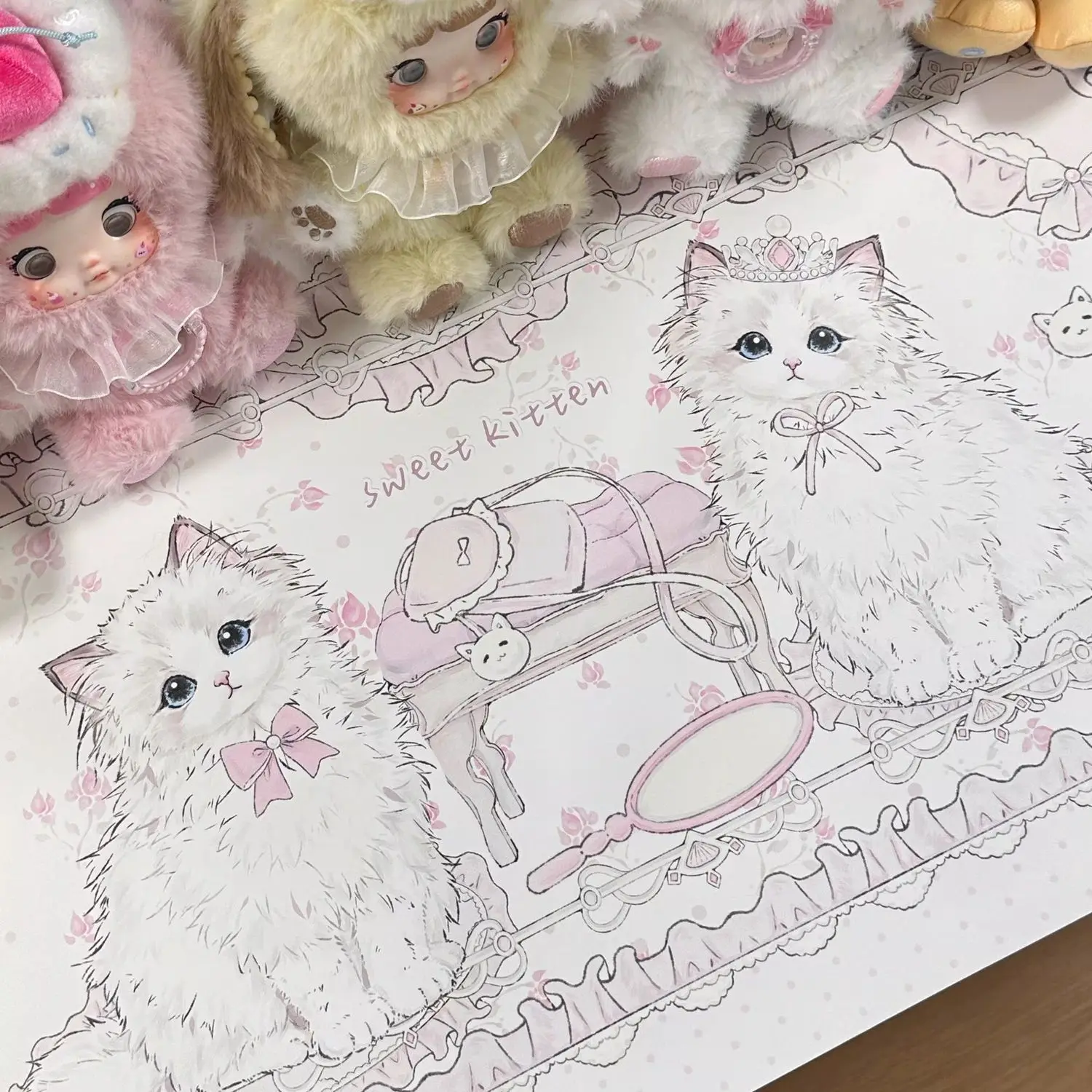 Leather Desk Pad Pink Sweet Kitten Bow Flower Polka Dots ins Korea Y2K Mouse Pad Office Desk Mat PU Desk Blotter Keyboard Pads