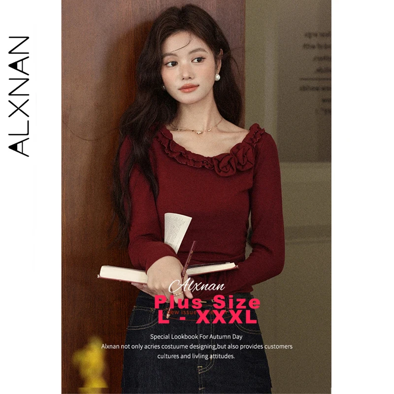 

ALXNAN винтажная красная футболка больших размеров, женские футболки с длинным рукавом и 3d цветочным дизайном, осенние повседневные облегающие хлопковые топы D12622