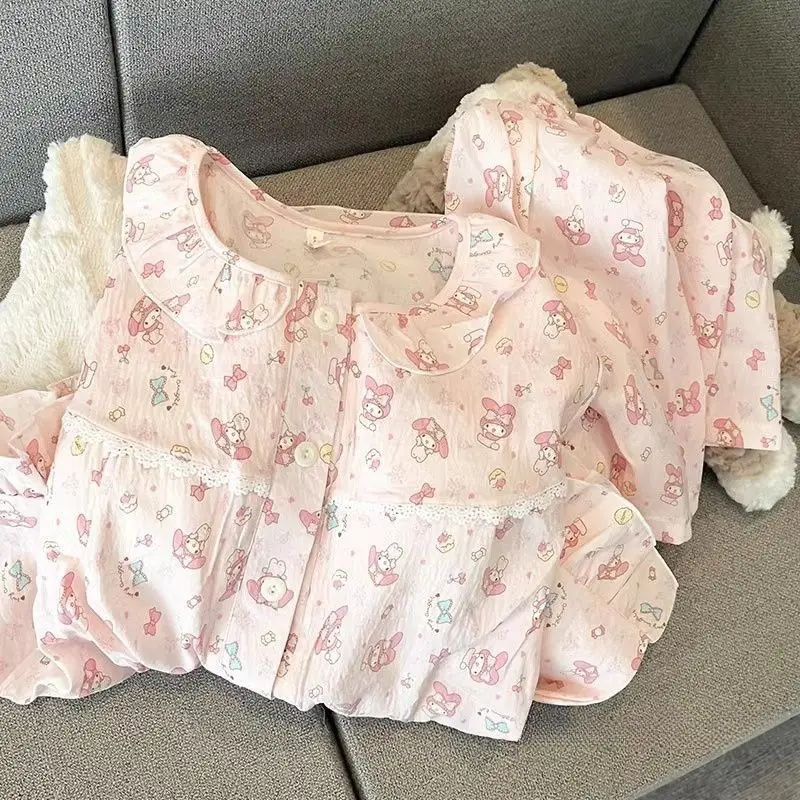 

Kawaii MY MELODY Nightwear Chest Mat Women's Summer Cotton Short Sleeved Shorts Two Piece Cute Home Clothes Set Sleepwear Girls