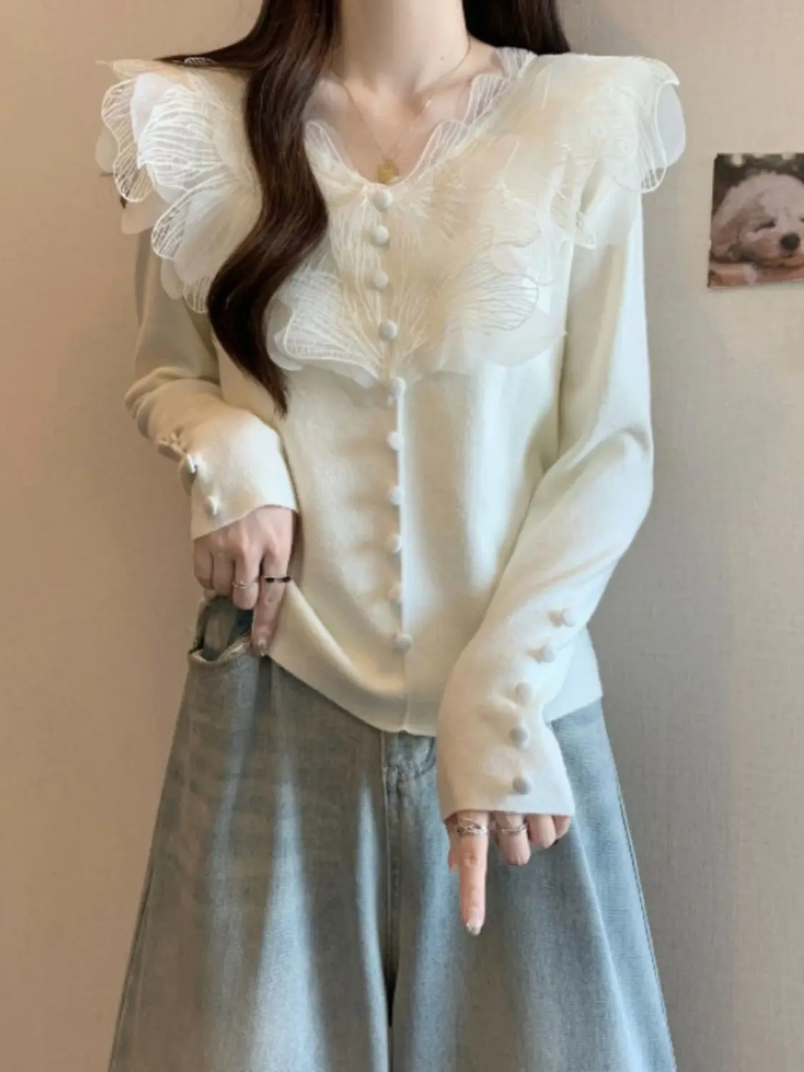 النمط الفرنسي سليم صالح الخامس الرقبة الدانتيل لصق تريكو كم طويل المرأة قاعدة قميص مريح جديد عصري تريكو الأعلى