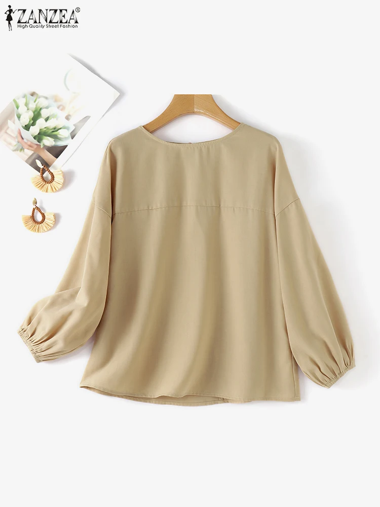 ZANZEA Fashion Loose 3/4 Lantern Sleeve Blouse Women 2024 Summer Patchwork Baggy Tops Shirt Korean Solid Office Round Neck Blusa