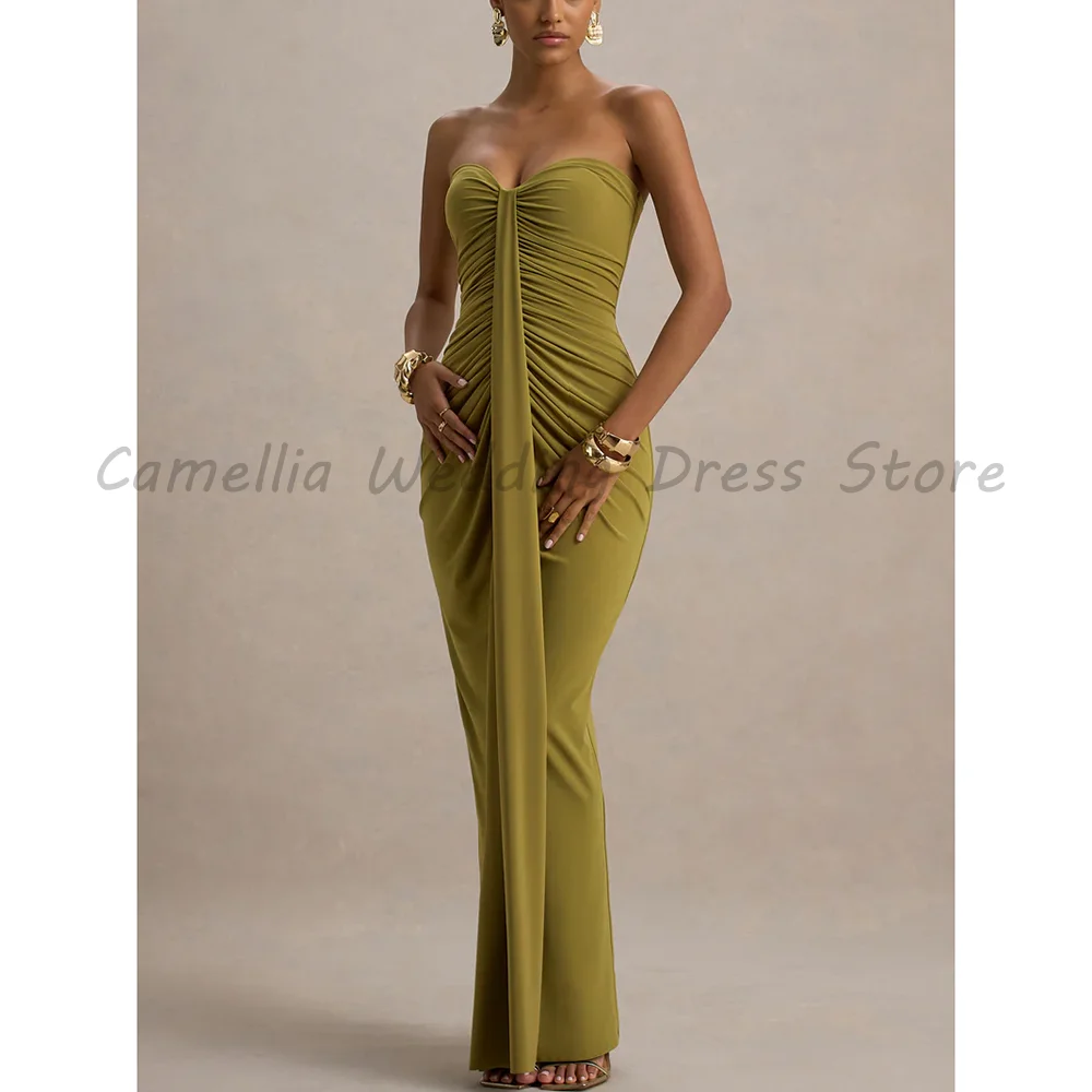 

Olive Green Formal Evening Dress Strapless Ruched Sweetheart Neck Bodycon Maxi Gown For Wedding Guest Red Carpet Cocktail Party