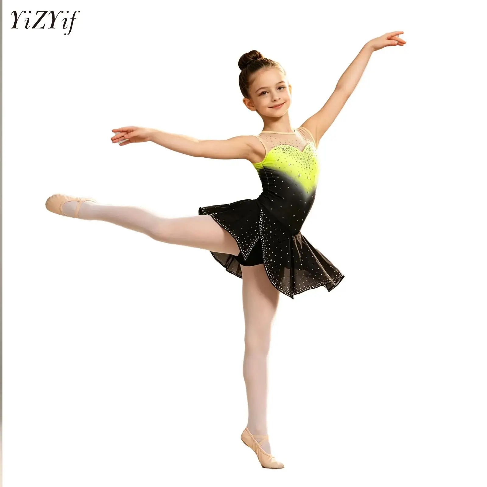 Big Girls Figure Skating Leotard Dress Asymmetrical Shiny Rhinestones Acrobatics Rhythmic Gymnastics Stage Performance Costume