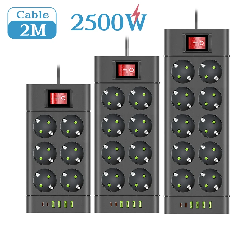 Multiprise EU EU avec 4 ports USB Type-C, prise CC, rallonge de 2m, prise électrique, prise en charge de 8/10 W, appareil ménager, 6, 2500