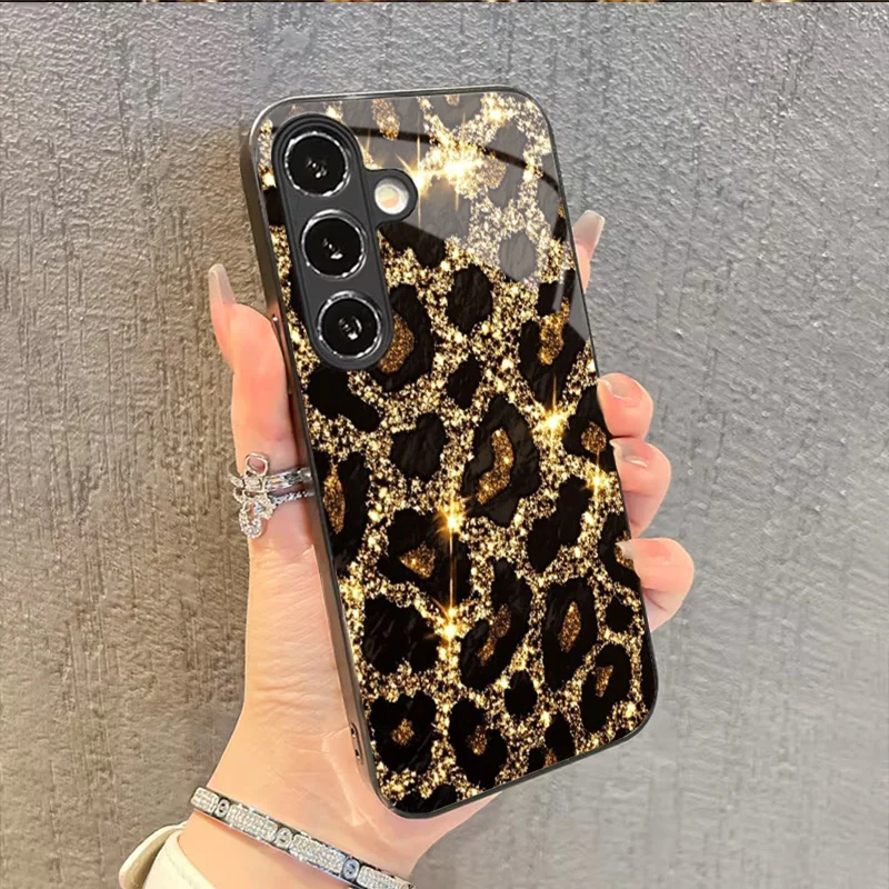 Black gold shimmering leopard print glass phone case suitable for Samsung Galaxy S26 S25 S24 S22 S21 S20 FE/Ultra/Plus anti drop