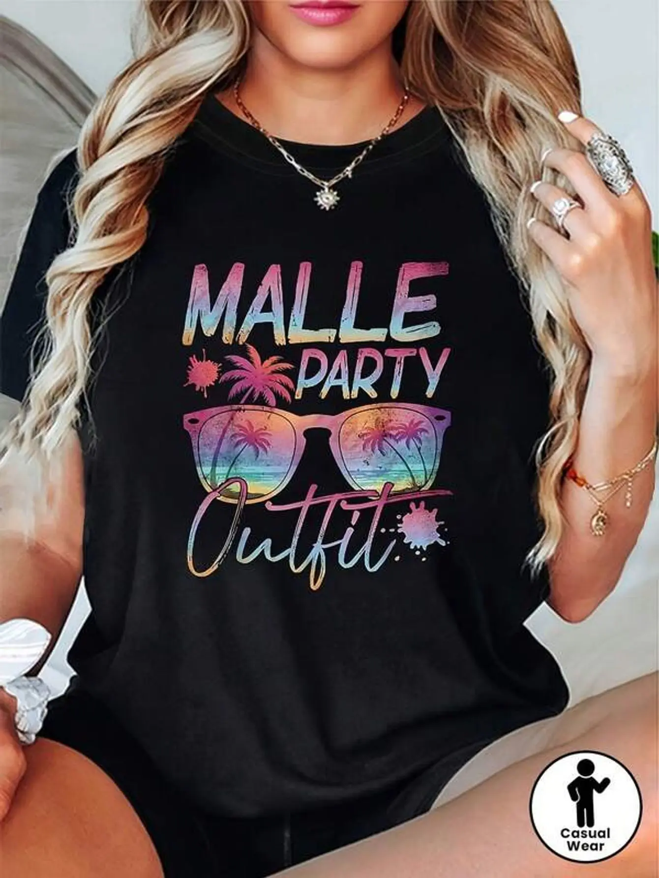 Talla grande, MALLE PARTY Outfit Camiseta con estampado gráfico para mujer de talla grande, top informal de manga corta con cuello redondo para verano y primavera, ropa de mujer
