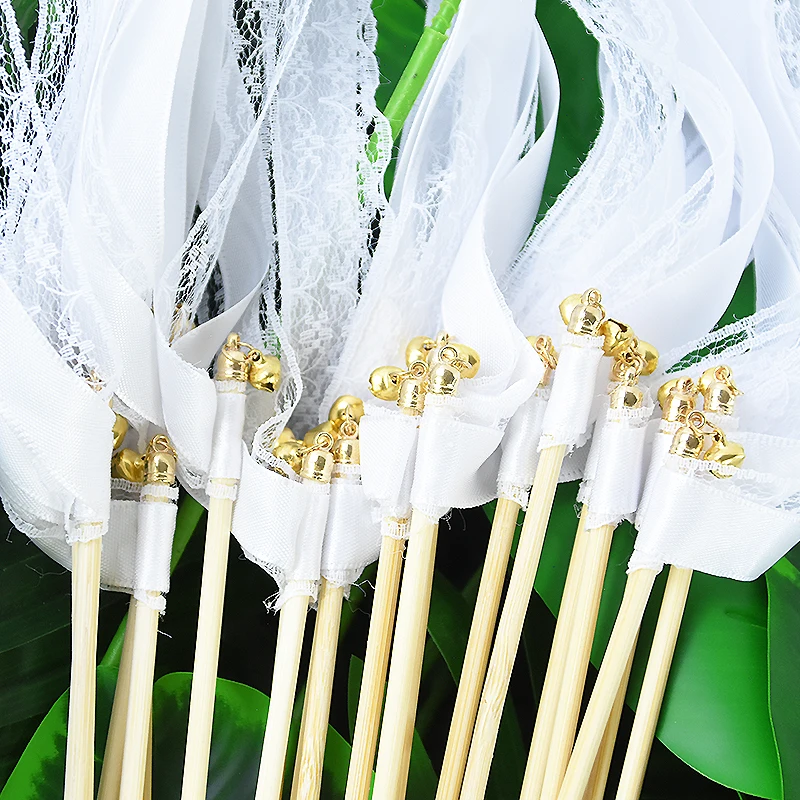 5Pcs White Ribbon Wands Fairy Sticks Wedding Twirling Lace Streamers Ribbon Sticks With Bell Wedding Party Decor Cheering Props