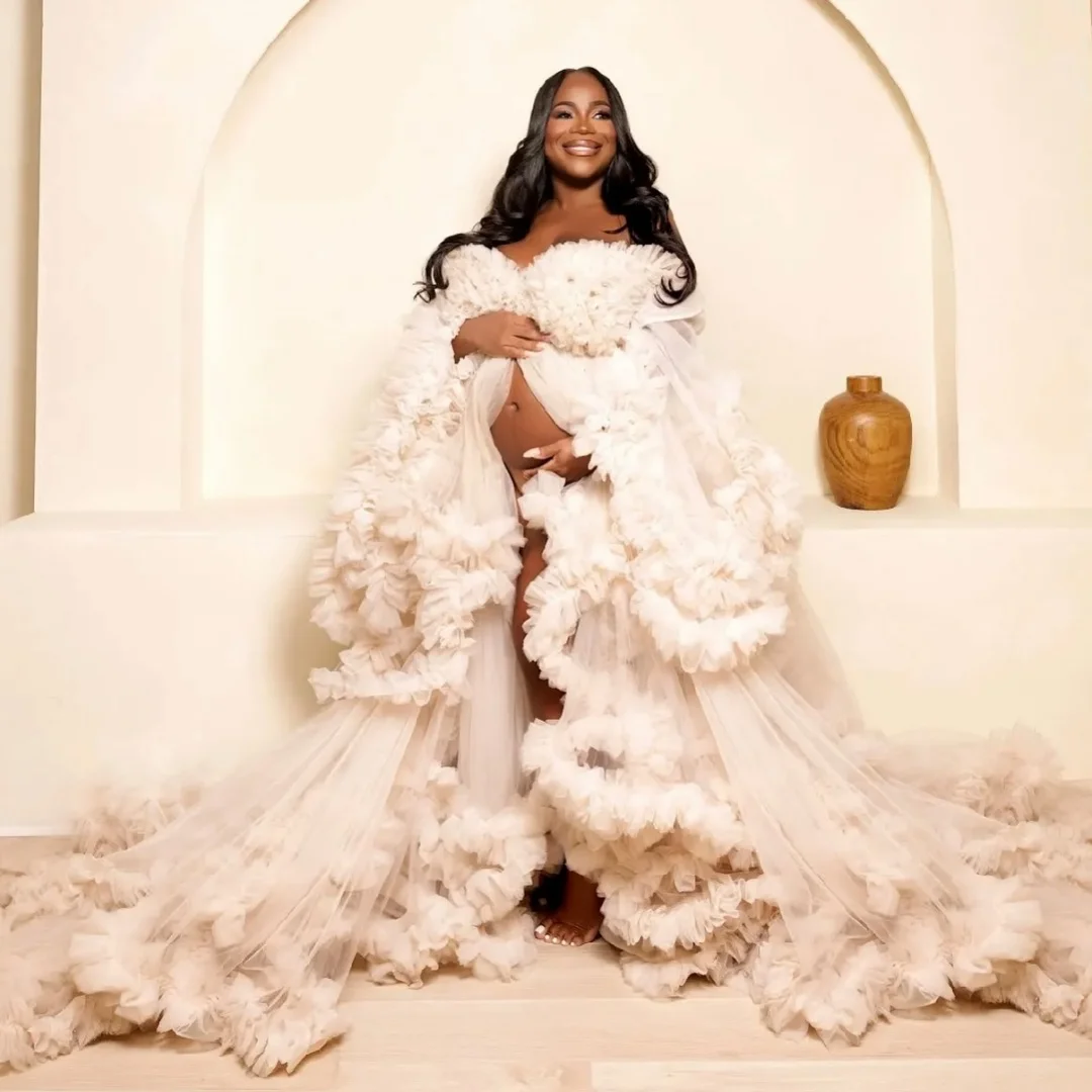 

Ivory Prom Dresses Tulle Layers Maternity Maxi Gown Customized Ruffles Long Sleeve vestido de novia Photography Props