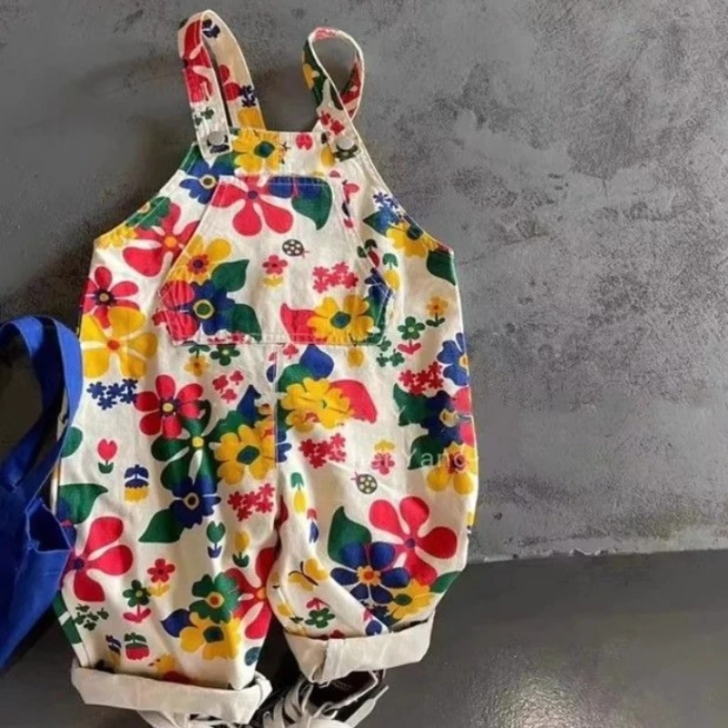 فتاة صبي وزرة ربيع الخريف الكورية موضة الشارع السراويل الأزهار المطبوعة الأطفال السراويل الاطفال بذلة ملابس بناطيل أطفال #1